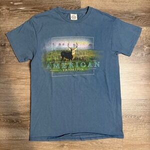 Vintage American Tradition Deer Graphic T Shirt Blue Size Small‎ Adult Cotton